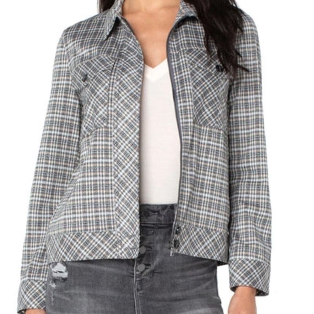 Liverpool Plaid Check Ponte Knit Zip Jacket Gray White Bomber Sz M